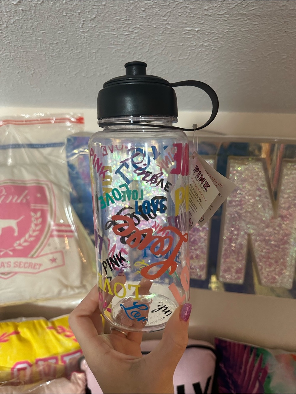 PINK Victoria's Secret Clear Bottle with Multicolor Logo Graphics and Black Lid